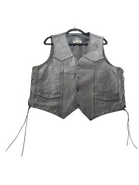 Leather King Black Leather Motorcycle Vest Mens Size 48 With Lace-Up Sides And S